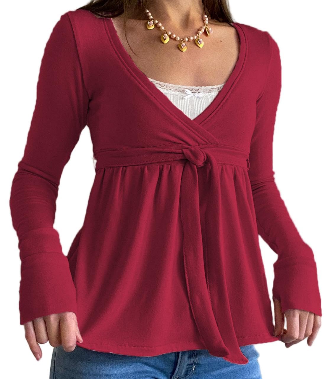 Eimmao Women Babydoll Long Sleeve Top Y2K V Neck Shirts Red M โ image 1