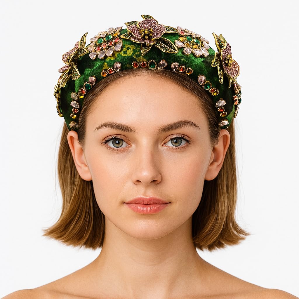 Luxury Baroque Big Wide Crystal Headband for Women Pearl Rhinestone Bead Decorative Hairband Jeweled Head Hoop Party Accessories (HDDY1080-green)