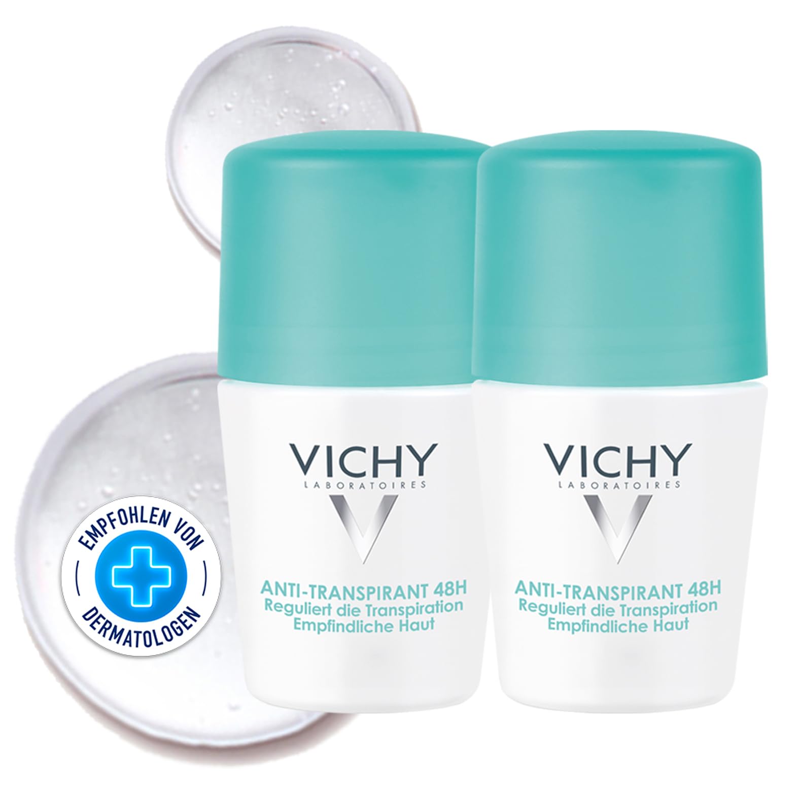 VICHY Deo Anti-Transpirant 48h Roll-On, Damen- und Herrendeo, für empfindliche Haut, 48-Stunden-Wirkung, Beruhigt und kräftigt, Mit VICHY Thermalwasser, 2x 50 ml