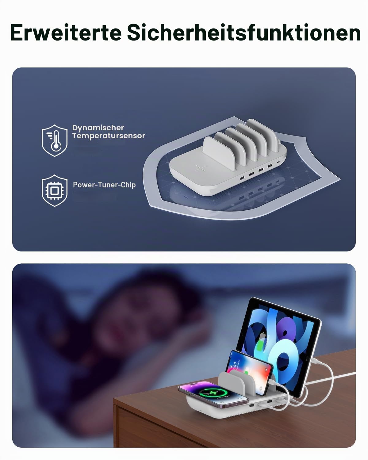 SooPii 70W Mehrgeräte Ladestation, 5-Port Induktive Ladestation mit 15W Wireless, 25W USB C PD/PPS Schnellladung für lPad, lPhone 16/15/Pro/Pro Max/Galaxy, inkl. 5 STK. gemischte Ladekabel