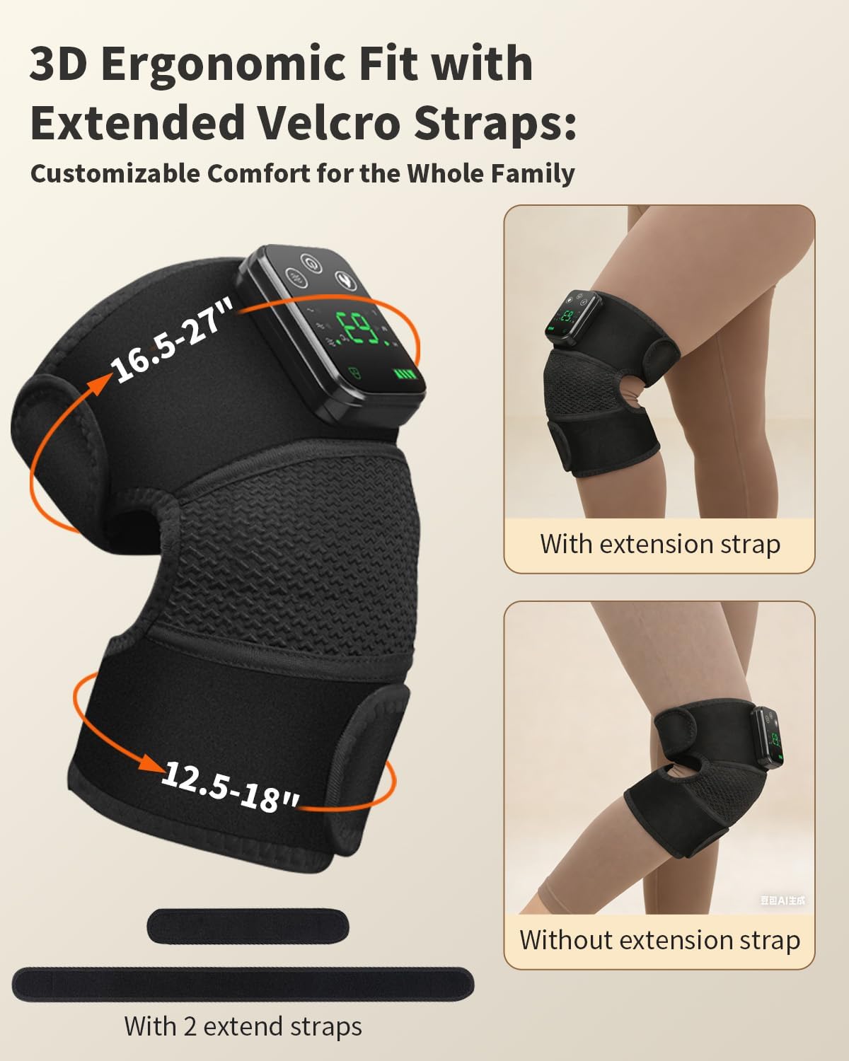 Cordless Knee Massager with Heat and Vibration for Pain Relief - Electric Heated Knee Brace Wrap with 3 Heat Levels & 3 Massage Modes, Portable Arthritis Joint Therapy for Men & Women (Black, Single)