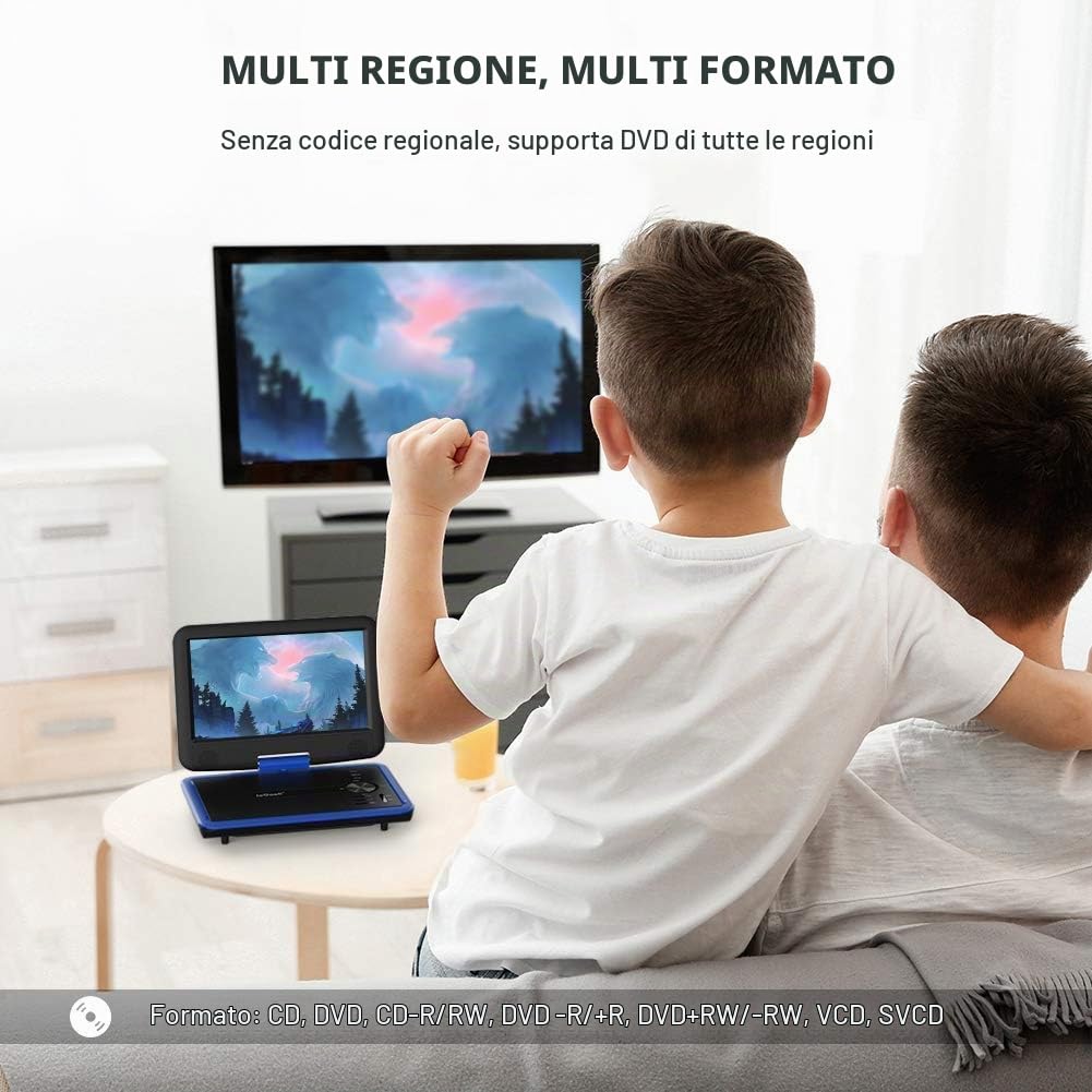 ieGeek Lettore DVD portatile da 11,5 pollici con batteria 5 ore, scheda SD, ingresso USB e uscita AV, schermo girevole a 360°, funzione di ripresa, indipendentemente dalla regione