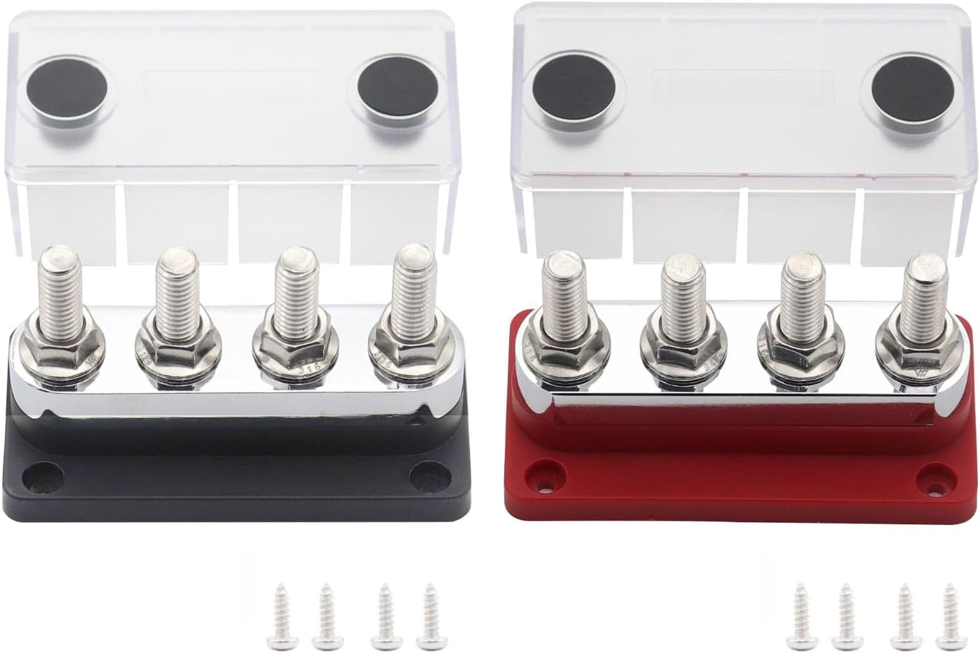 T Tocas 2PCS 600A Bus Bar Power Distribution Block 4 x 3/8" (M10) Terminal Studs Positive & Ground Busbar with Cover for Marine Automotive RV Boat (Red+Black)