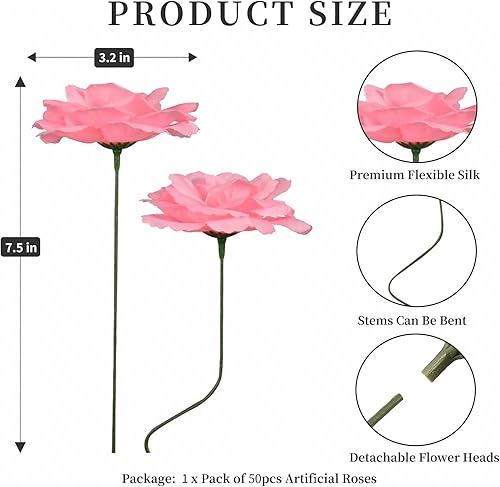 Miniatura 2 de Eternal Blossom 50 flores de rosas rosas, flores artificiales con tallo, ramo de rosas para decoración, flores falsas de seda de 3 pulgadas para