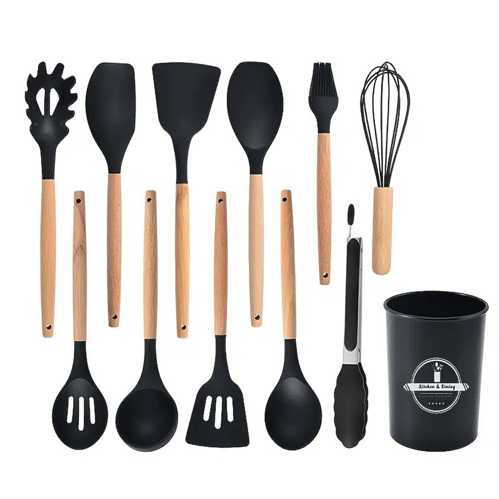 Set di utensili da cucina, 12 pezzi, in silicone, con manico in legno, spatole termiche per utensili antiaderenti