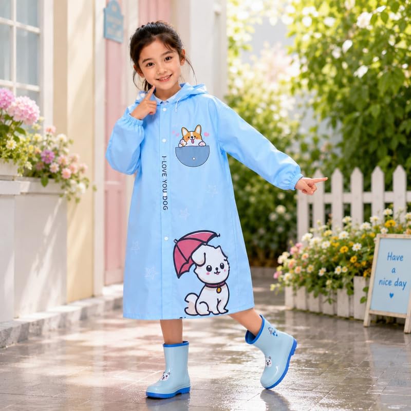 Krystle Kids Waterproof Raincoat for Boys & Girls with School Bag Protection | Hooded Full Length Lightweight Rain Wear for Children (Blue,8-9 Years) 3