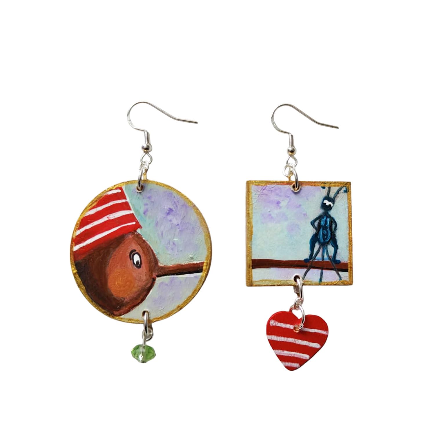 Pendientes pintados a mano - PINOCHO de Collodi - Asimétricos de mujer, joyas ligeras, ganchos tipo monachella de plata, Made in Italy, Elaboración artesanal, Idea de regalo, Bisutería original
