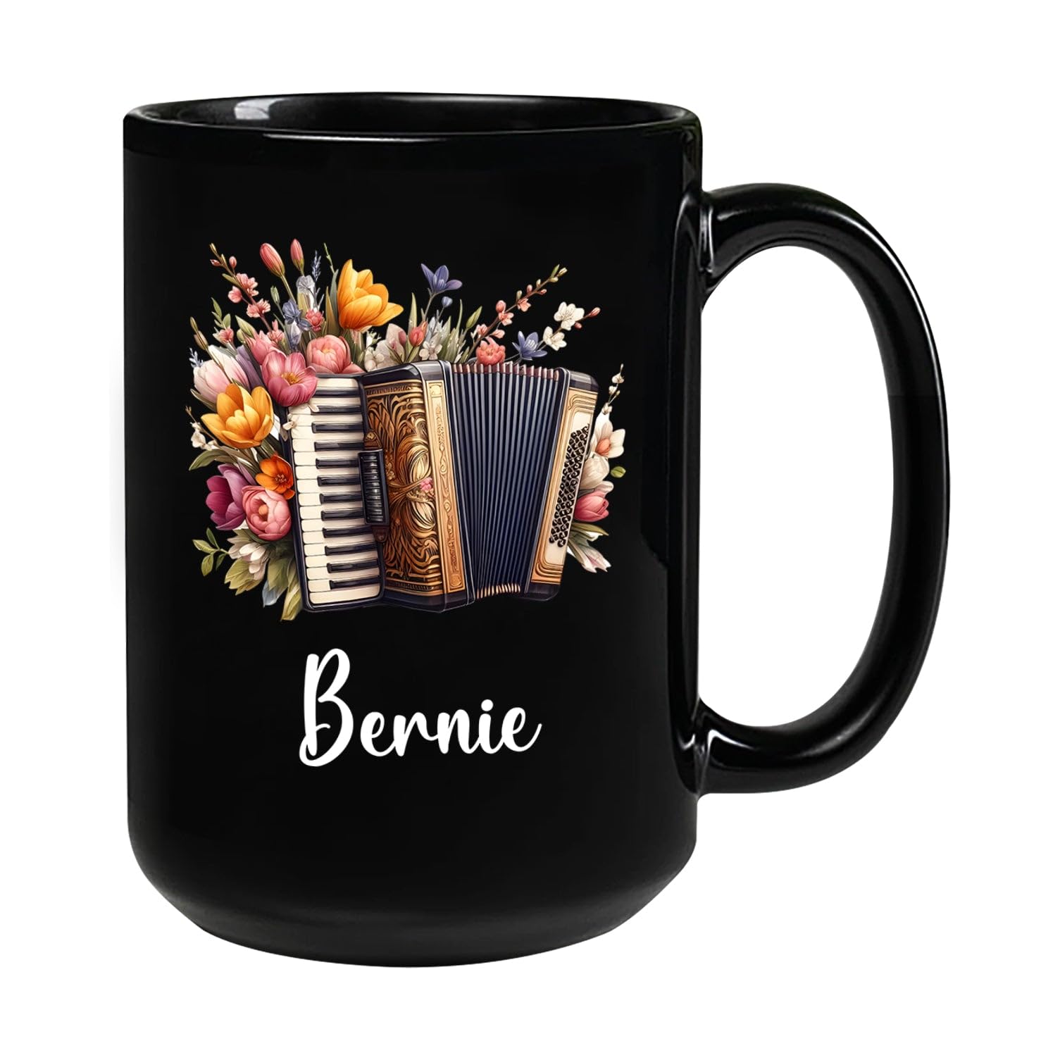 Floral Accordion Travel Cup, Customized Name Musical Instrument Cup Gifts, Accordion Musical Instrument Black Tea Mug, Personalized Accordion Player Coffee Cup, Instrument Ceramic Mugs 11 15oz