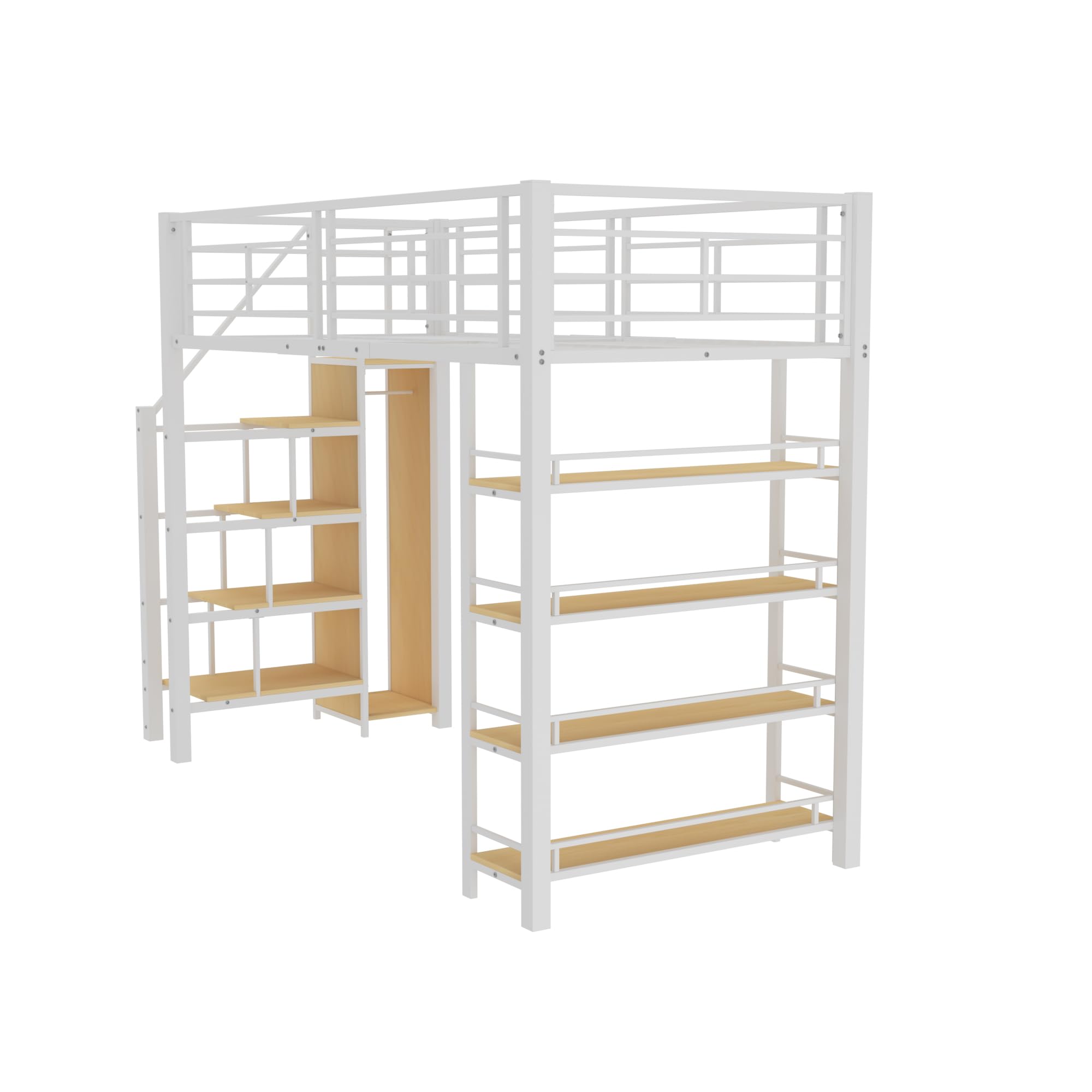 Letto a soppalco 90 x 200 cm, con scala di sicurezza, vano portaoggetti e piccolo armadio, ripiani, design a recinzione, letto singolo, letto per ragazzi (bianco, 90 x 200 cm)
