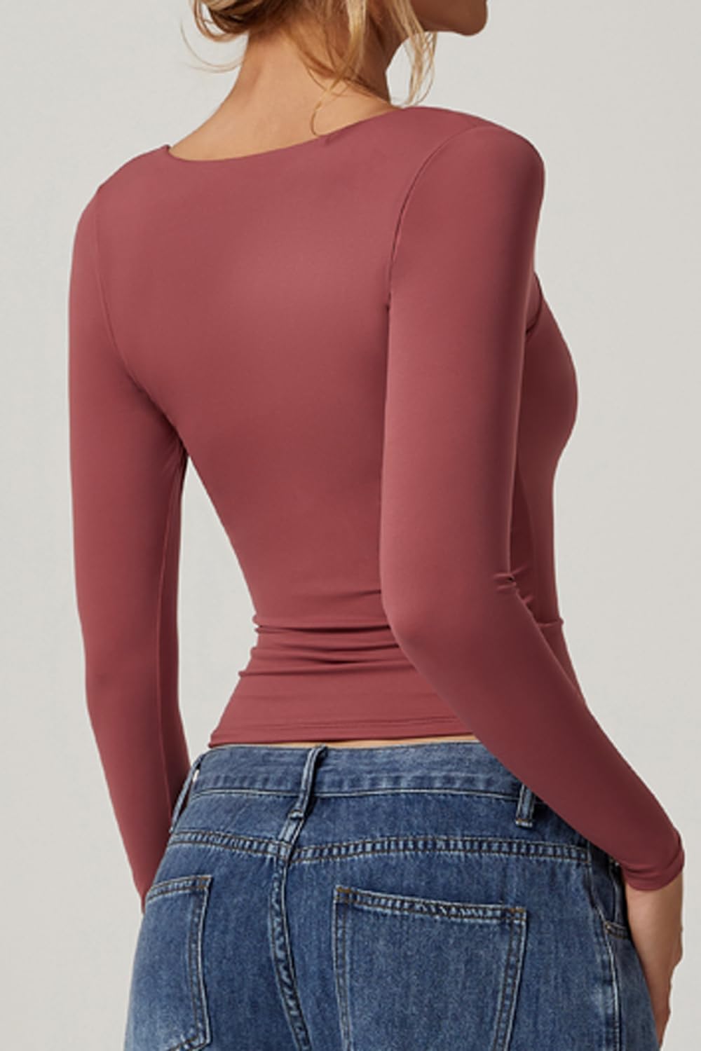 QINSEN Womens Slimming Fit Sweetheart Neck Long Sleeve Basic Crop Tops Stretch Going Out Tee Shirt - Image 4