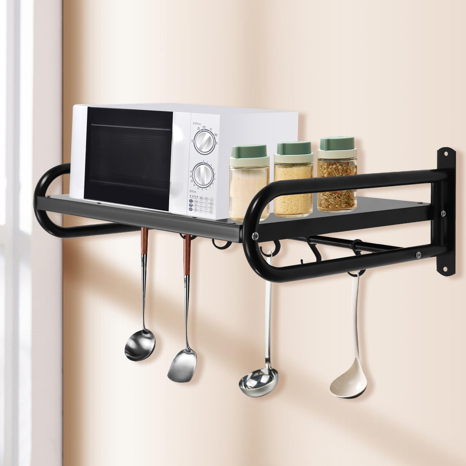 Estantería para microondas, soporte de pared, soporte para microondas, soporte para microondas, soporte de pared para cocina, con 6 ganchos móviles, grosor de acero inoxidable, soporte para