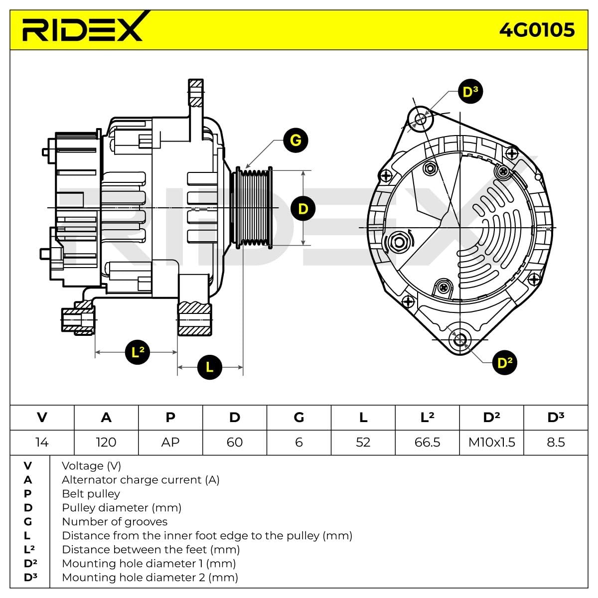 RIDEX 4G0105 Alternador con regulador incorporado Compatible con FIAT DUCATO Caja/Chasis 244