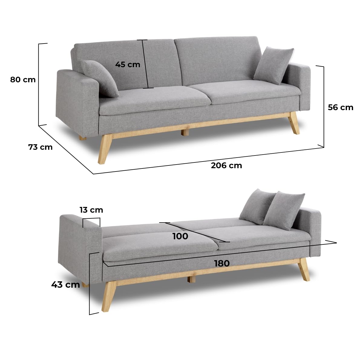 Don Descanso, Sofá Cama 3 plazas Reine, Tapizado en Tela, Sistema Apertura de Libro o Clic-clac, Medida sofá: 206x73x80cm, Medida Cama: 180x100cm, Incluye 2 Cojines, Gris Claro