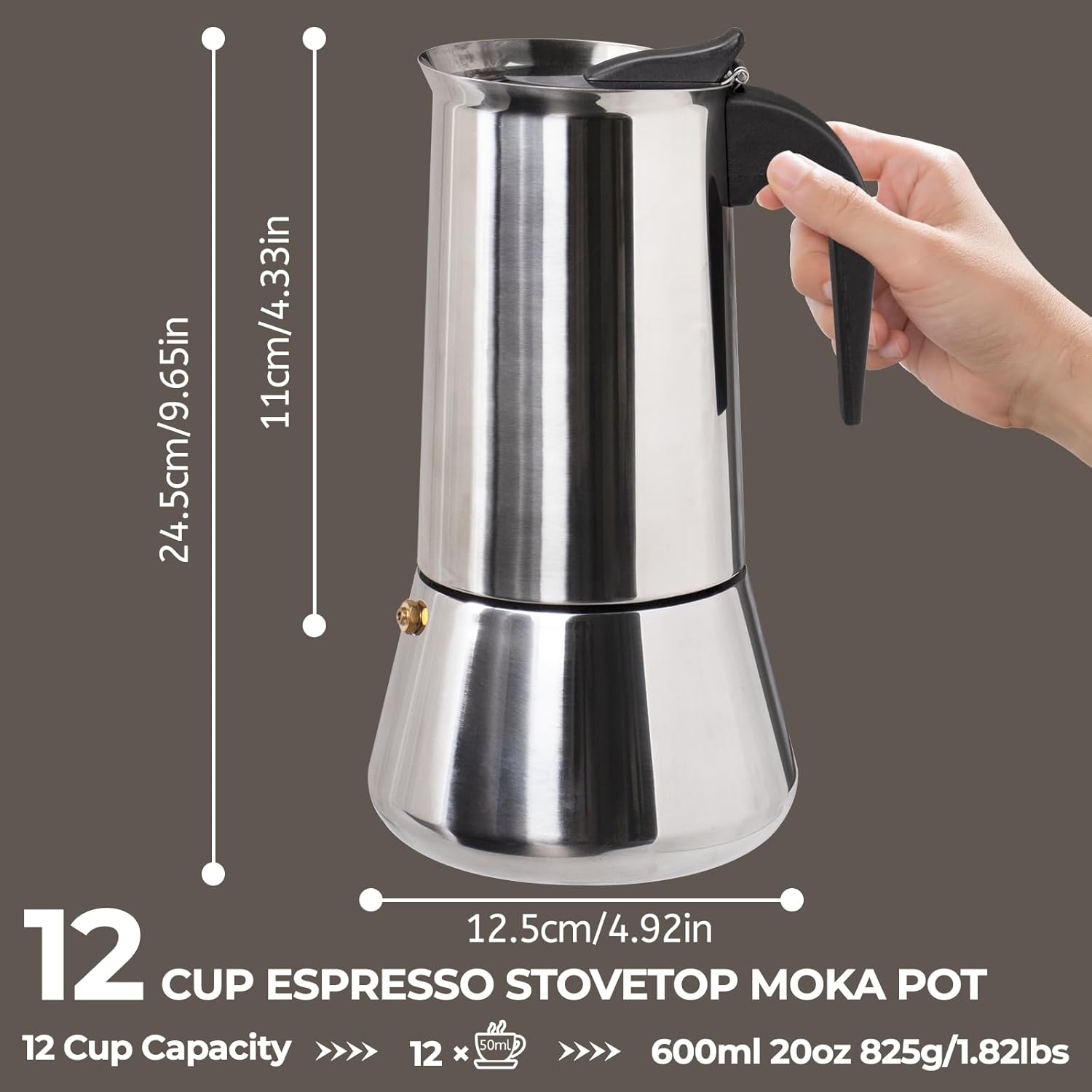 12 Cup 600ml Moka Pot Stainless Steel Espresso Coffee Maker Stovetop Coffeemaker Italian Classic Style Brewing Greca Cafe Mocha Machine for Cafeteras Lover Camping Travel and Home Use 20oz