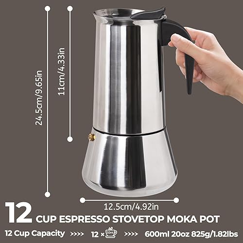 Miniatura 2 de Cafetera Moka de acero inoxidable, 12 tazas de 20.3 fl oz, cafetera de café expreso para estufa, cafetera estilo clásico italiano, Greca, Cafetera,