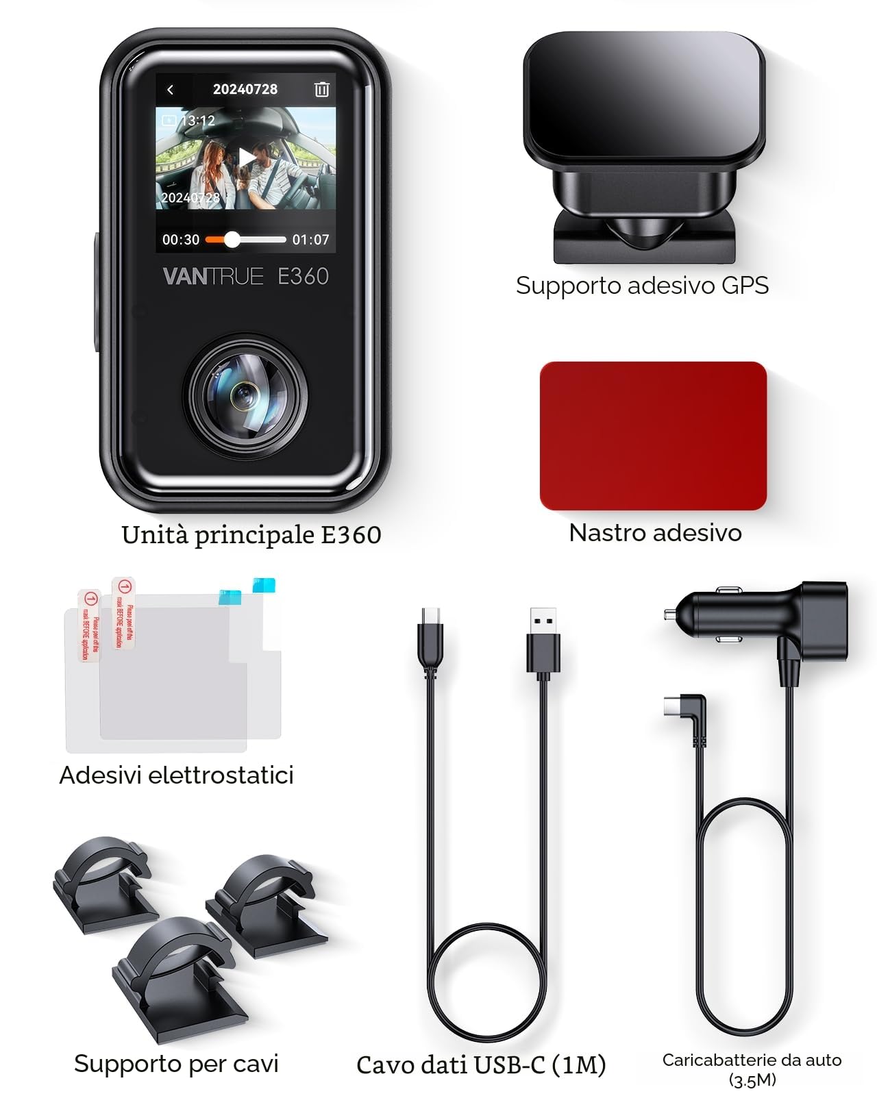VANTRUE E360 DashCam Panoramica 5.2K HD Doppia lenti 360° 1944P+1944P Copertura Ultra 210°Visione, STARVIS 2,infrarossi, 5G WIFI,GPS,HDR, Touchscreen 24/7 Parking Modalità Support SD512G LTE concesso