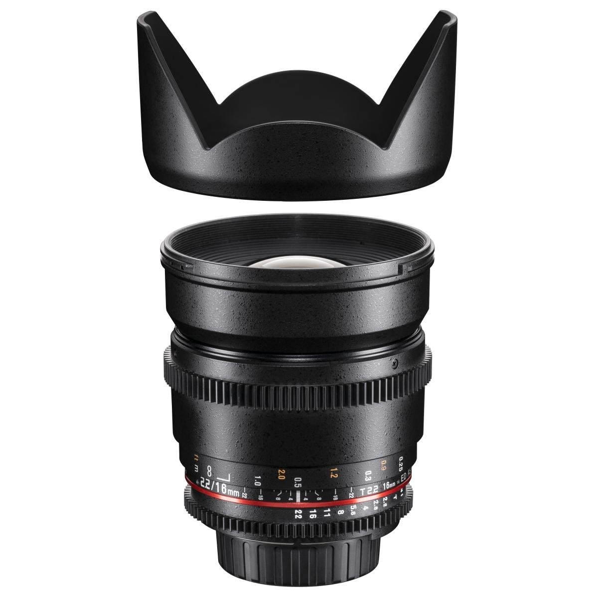 Walimex pro Obiettivo grandangolare video e foto 16mm 1:2.2 VCSC (filettatura filtro 77mm, paraluce, ghiera ingranaggi, apertura e messa a fuoco stepless) compatibile con baionetta Sony E nero