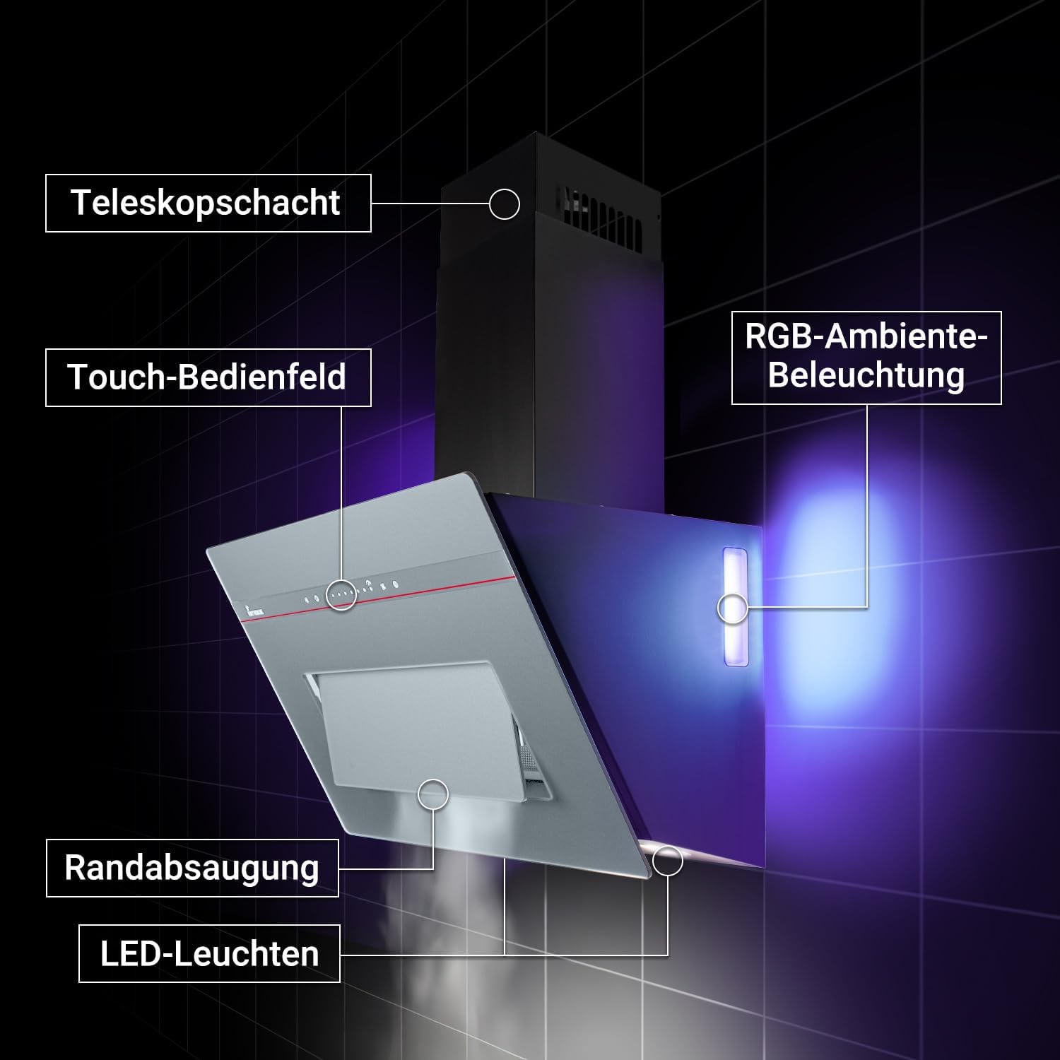 Diagramma che evidenzia i componenti principali della cappa: asta telescopica, pannello di controllo touch, illuminazione ambientale RGB, aspirazione perimetrale e luci LED.
