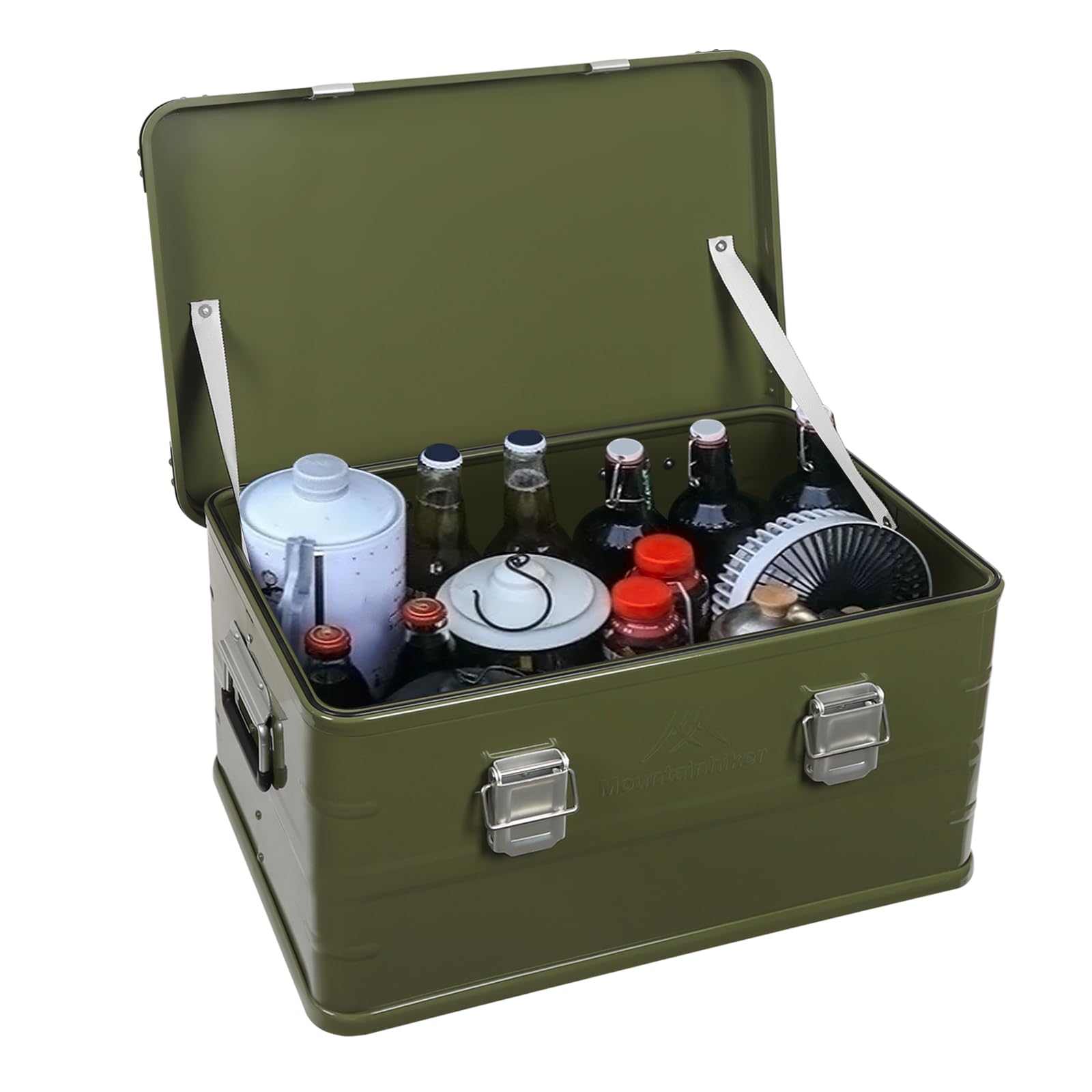 Caja de almacenamiento para camping, de aleación de aluminio, 50 L, apilable, caja de herramientas con tapa, 57,5 x 37,5 x 27,3 cm, para viajes al aire libre, camping, familia y exteriores