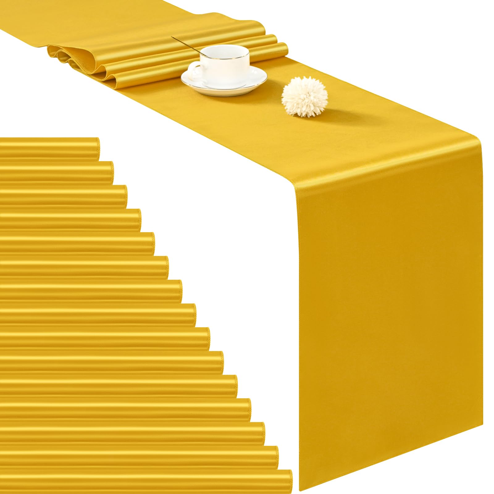 24 Pack Gold Satin Table Runner 12×72 Inch Long Premium Table Runner for Wedding Bright Silk Table Runner for Party,Banquet,Events,Graduations Decoration fit Rectange and Round Table-Gold