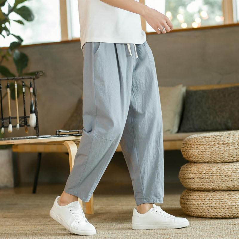 Men's Summer Minimalist Cotton Linen Loose Korean Style Trendy Cropped Straight Casual Long Pants2