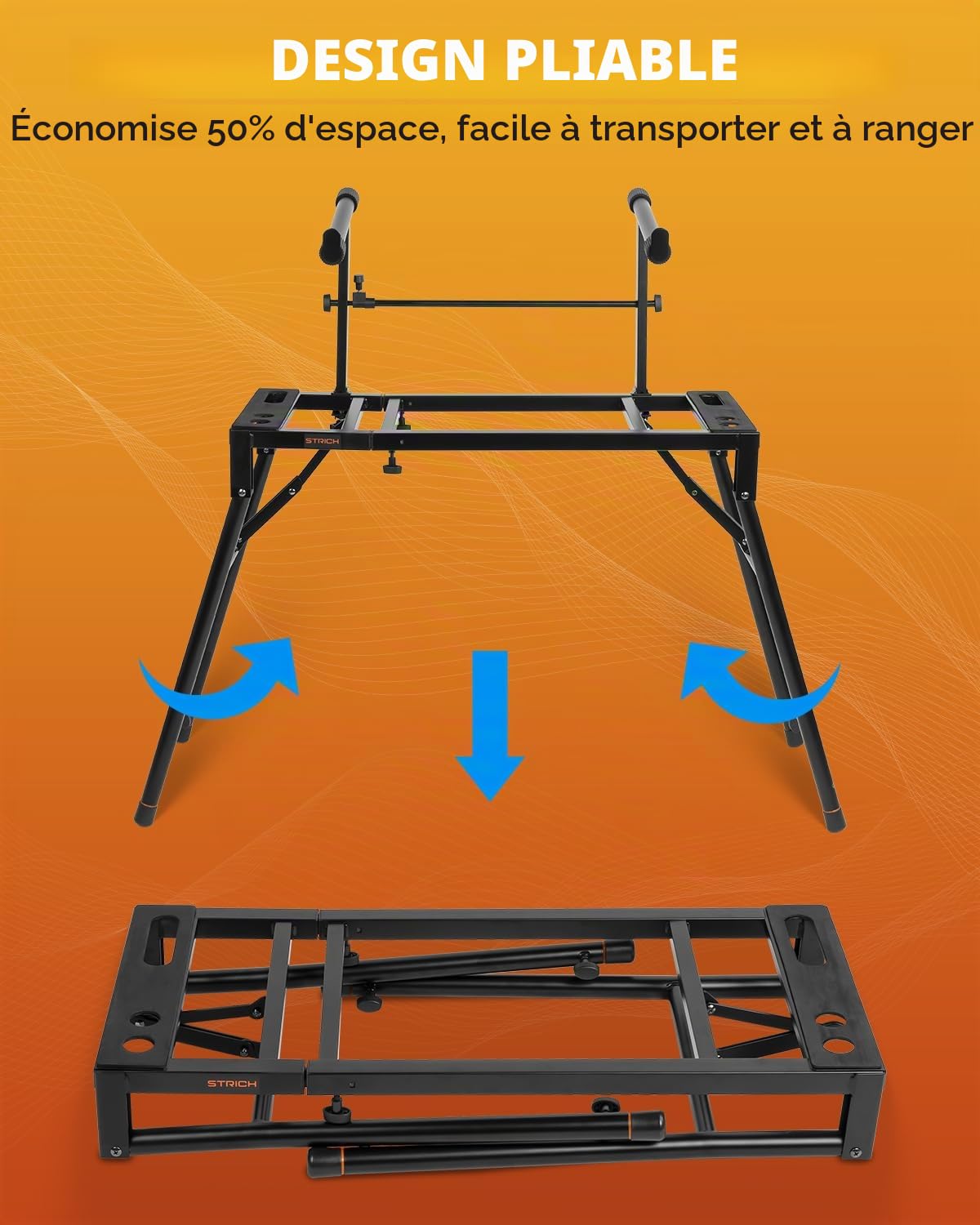 STRICH Support de clavier de piano double avec 2ème niveau – Réglable et pliable à 2 niveaux – Support de musique robuste pour synthétiseurs et claviers numériques électriques – Convient aux pianos de