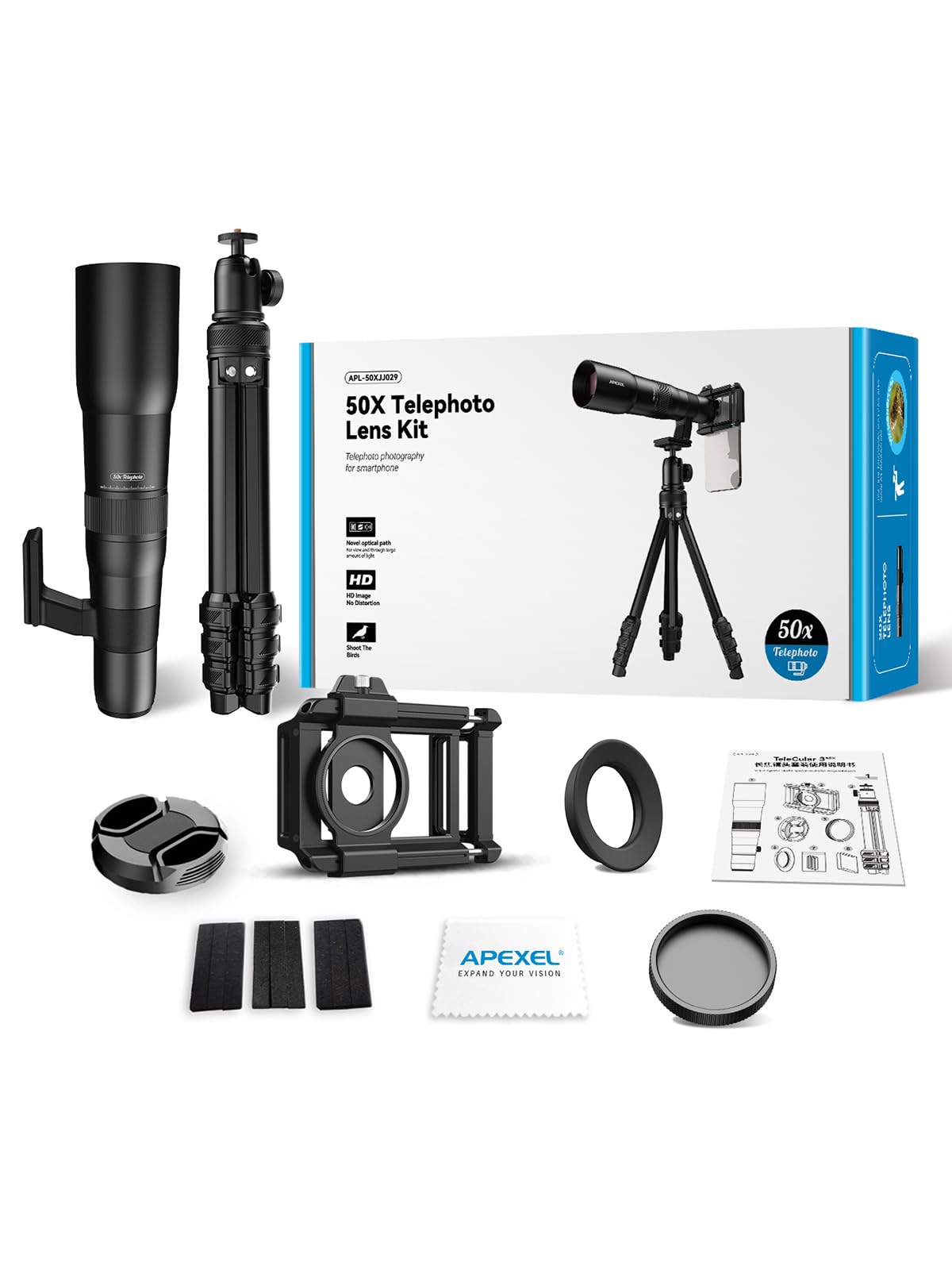 Apexel 50X Super Téléobjectif, Focale de 720mm, Capture Professionnelle et Artistique pour la Faune, Le Sport, Les Concerts