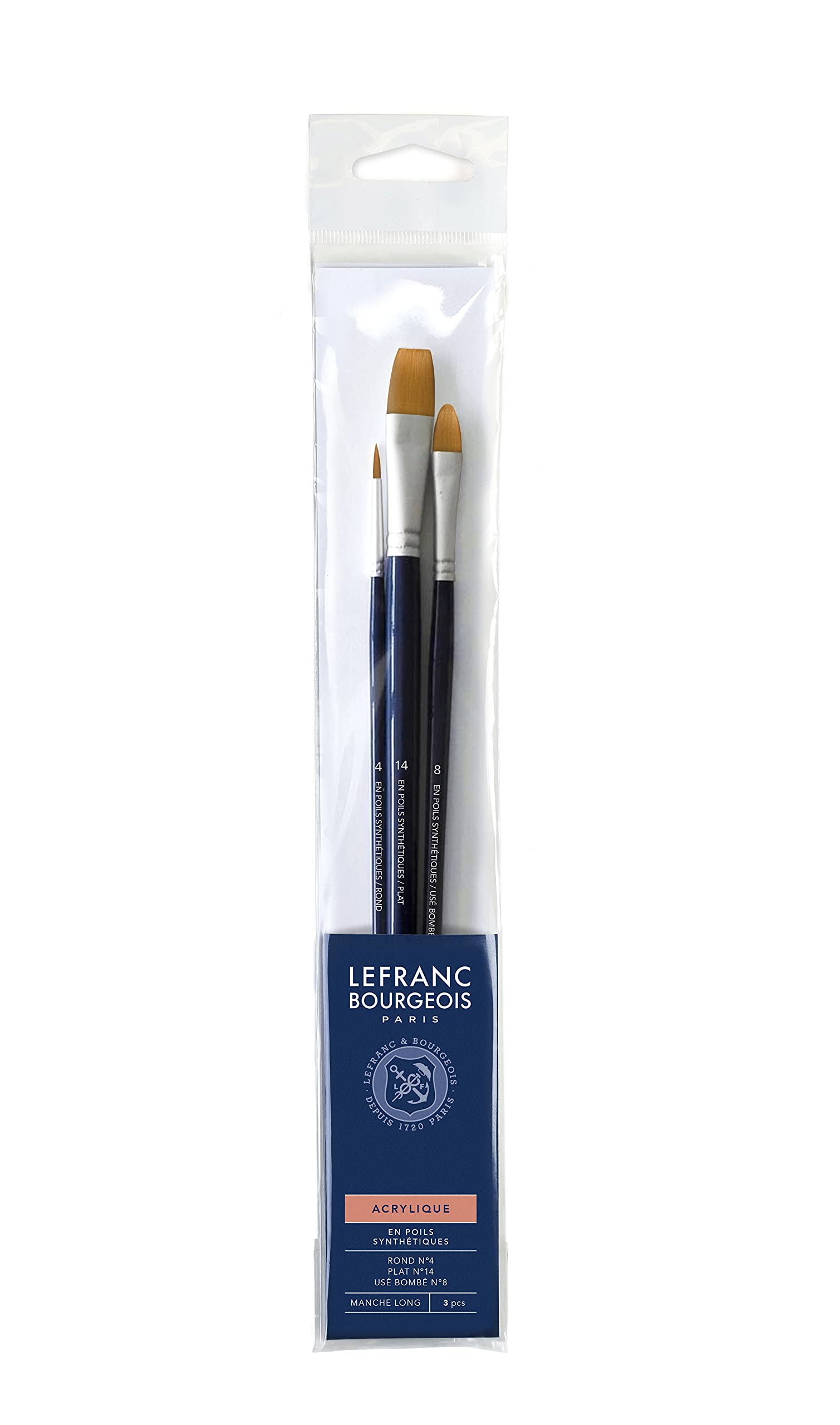 Lefranc & Bourgeois 300240 Painting Brush, Mixed Set - Round No. 4, Flat No. 14, Filbert No. 8, Long Handle, 3 Brushes (Rd No. 4/FL No. 14/Filb
