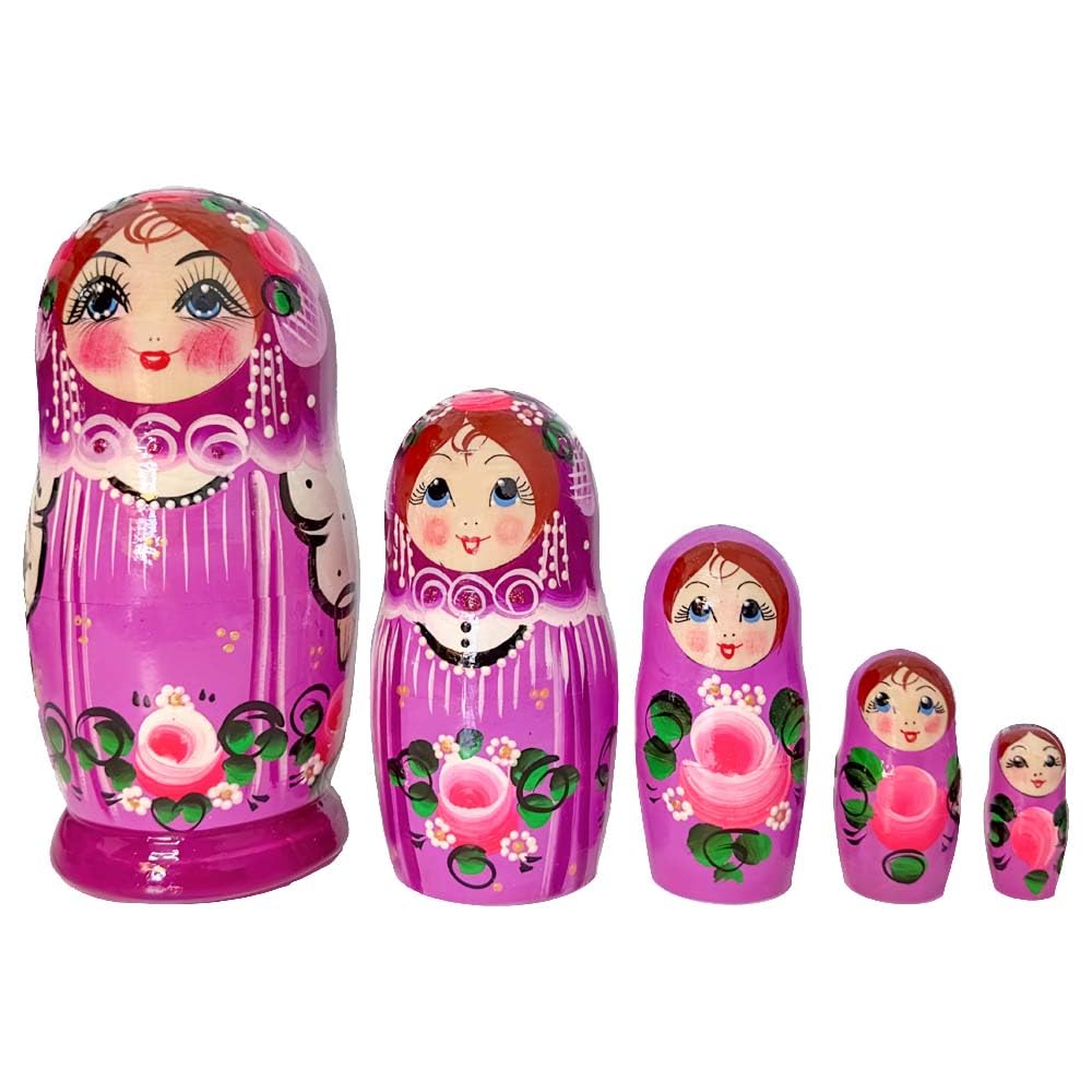 Fliederfarbener Sarafan Matrjoschka Matröschka Matroschka Babuschka 18cm Höhe - 5 Holz-Puppen - Verschiedene Motive - Holzpuppe Матрёшка Matruschka