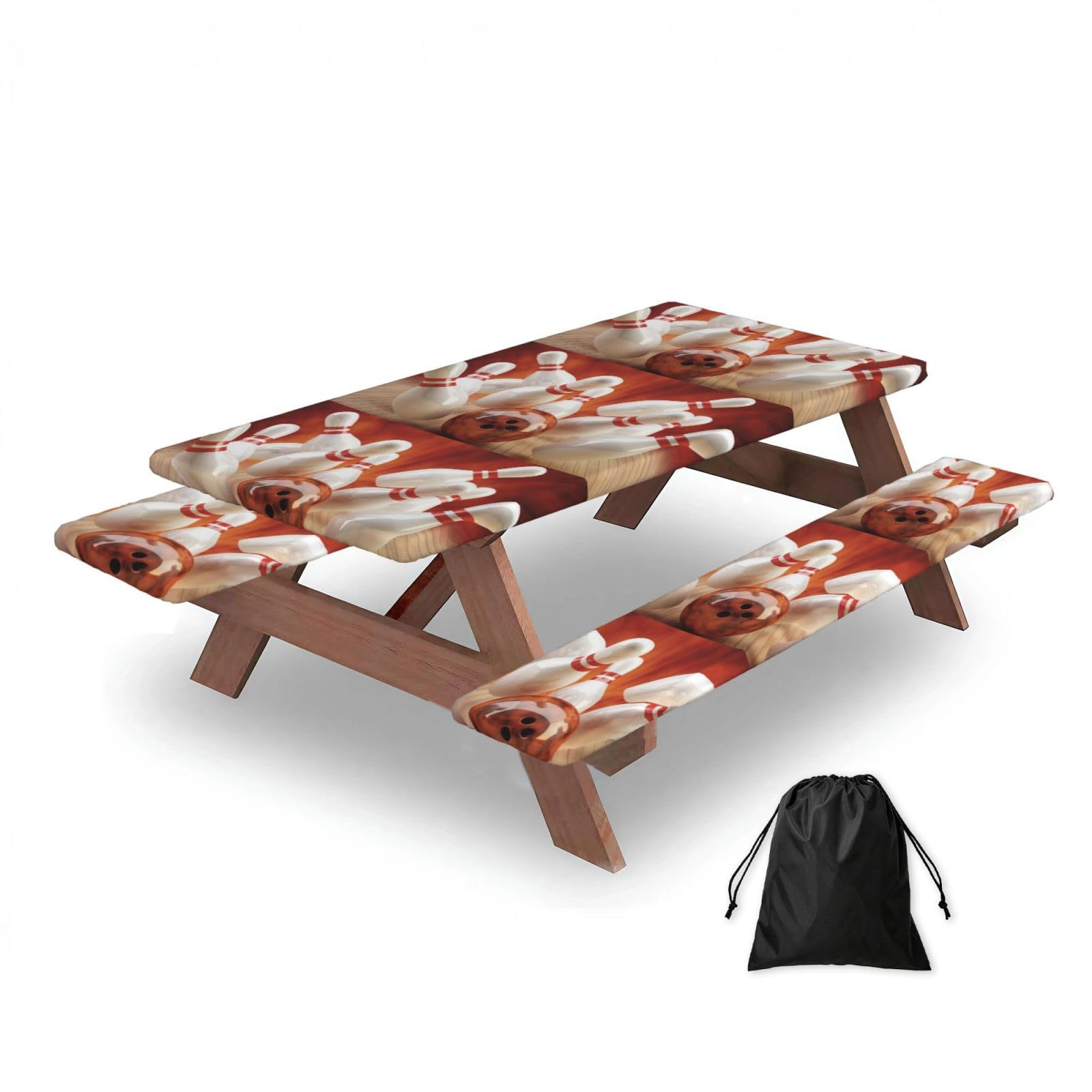 Bowling, Picnic Table Cover With Bench Covers -Waterproof Elastic Fitted Tablecloth for Garden Camping Patio 76x152cm