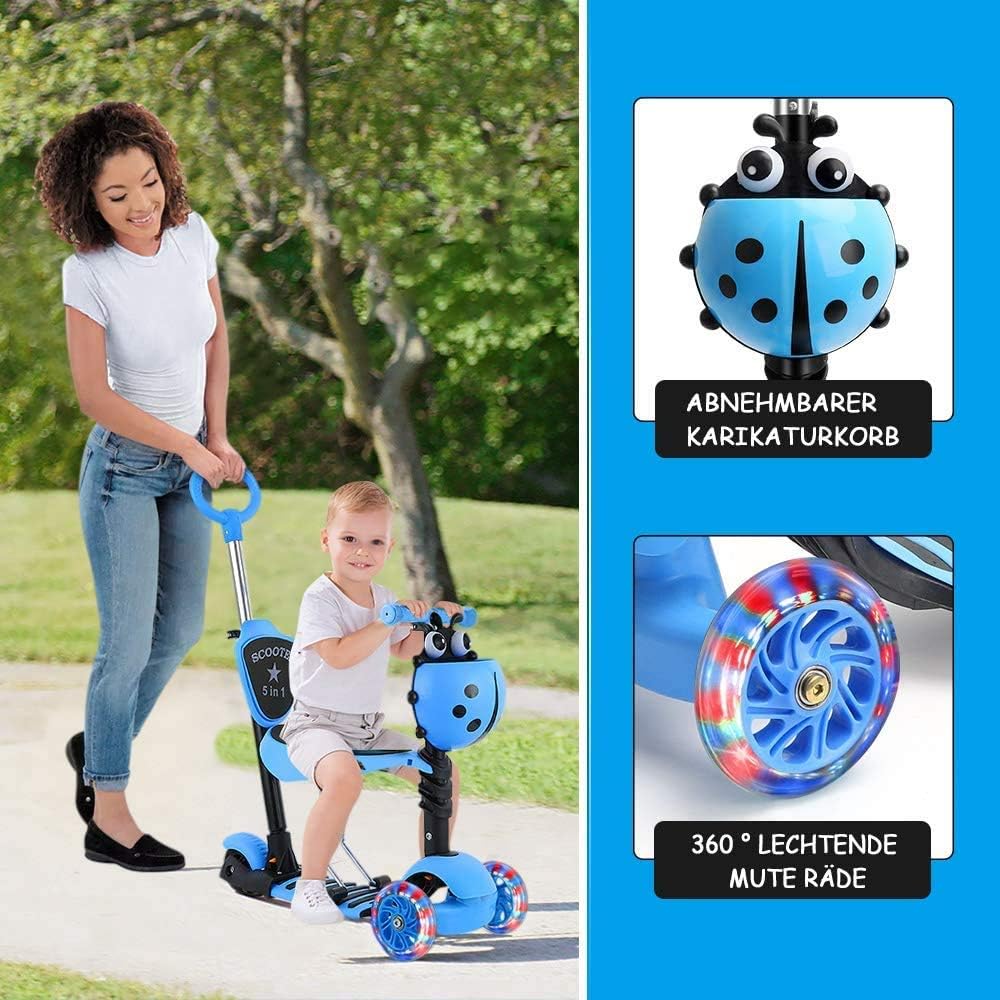 YOLEO 5-in-1 Kinder Roller Scooter mit Abnehmbarer Karikaturkorb Sitz Schubstange Große Räder Bequeme Rückenlehne Höheverstellbare Lenker für Kleinkinder Jungen Mädchen ab 2 Jahre (Blau)