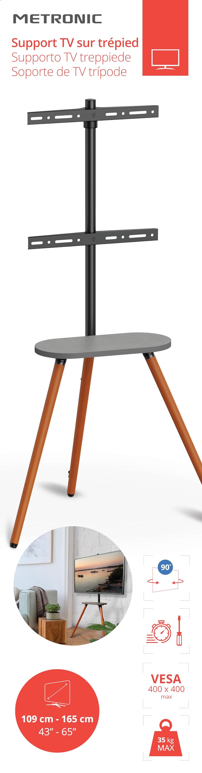 METRONIC 451077 Support TV sur Pied Television Universel 43 à 65 Pouces (109-165 cm) Pivotant avec Trepied Bois au Sol - Stand pour Télé, Max Vesa 400x400 jusqu'à 35 Kg