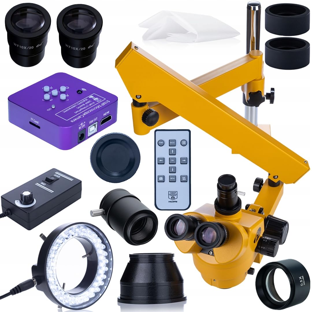 Juego de microscopio estéreo trinocular Rosfix Neptune Pro Orange Pro – Zoom de 7 a 45x, cámara 51MP 4K, lente Barlow 0.5X, 56 luces LED de anillo de atenuación