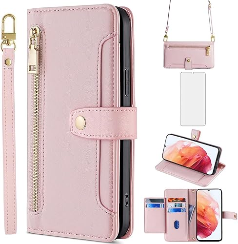 Asuwish Funda de teléfono para Samsung Galaxy S21 Plus S21+ 5G Funda tipo cartera y protector de pantalla con cremallera para tarjetero, soporte de