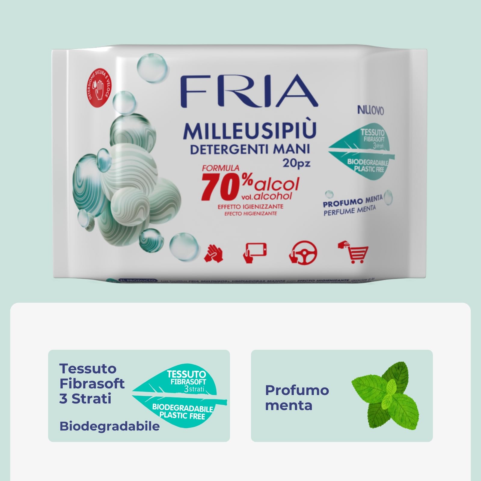 Fria MilleusiPiù Igienizzanti, Salviette Detergenti con Formula Igienizzante al 70% di Alcol, Tessuto Fibrasoft 3 Strati Biodegradabile, Confezione da 20 Salviette