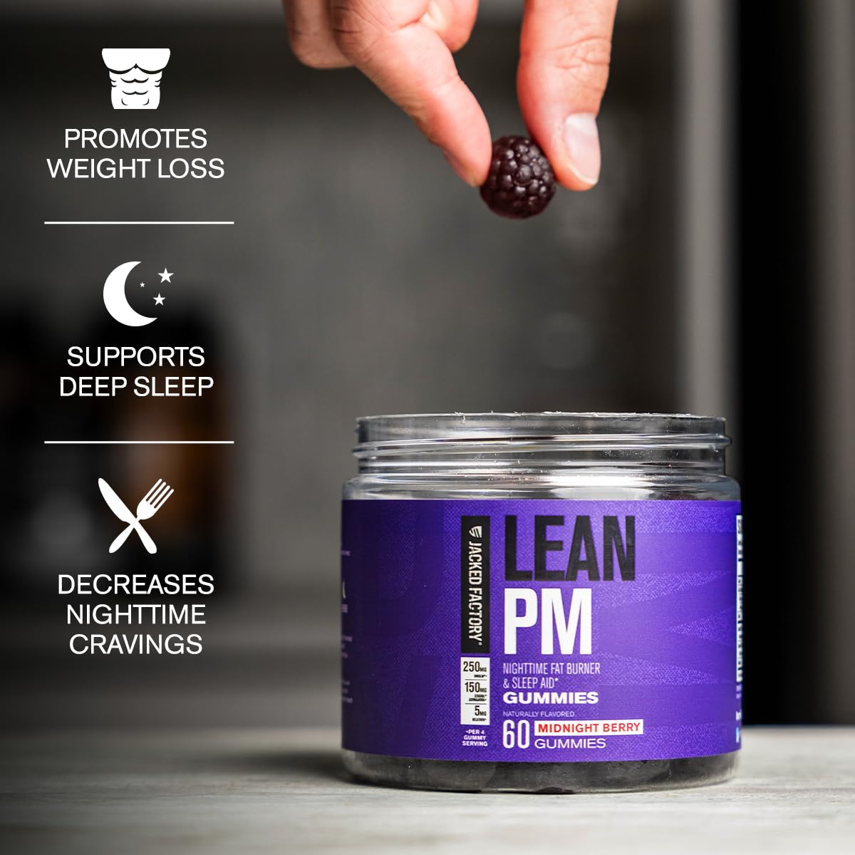 Jacked Factory Lean PM Weight Loss Gummies - Night Time Fat Burner & Appetite Suppressant Sleep Supplement with Melatonin & Ashwagandha - 60 Metabolism Gummies, Midnight Berry — Amazon image 2