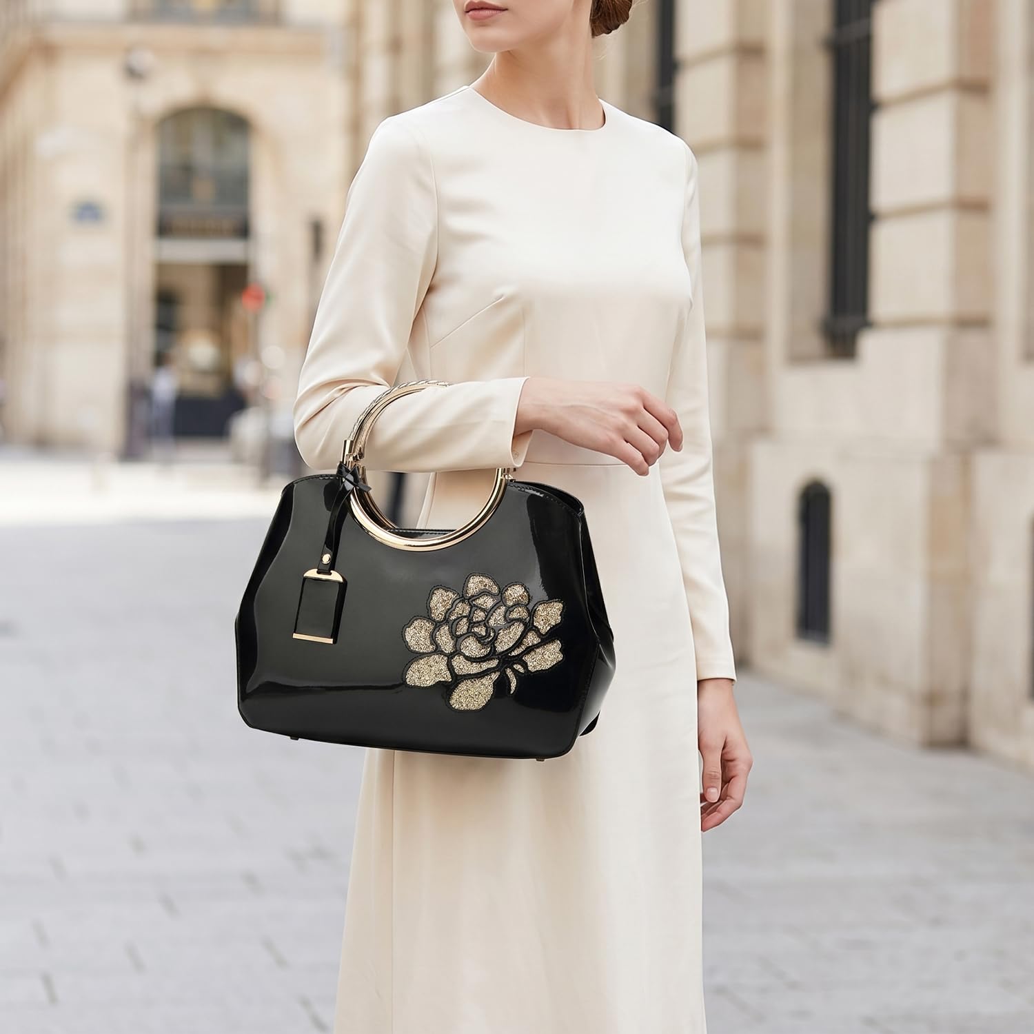 Bolsos de Mano con Bandolera en Cuero de Patente de PU para Mujer Bolso de Hombro Bolsos Bandolera Bolso de señora para Mamá Negro