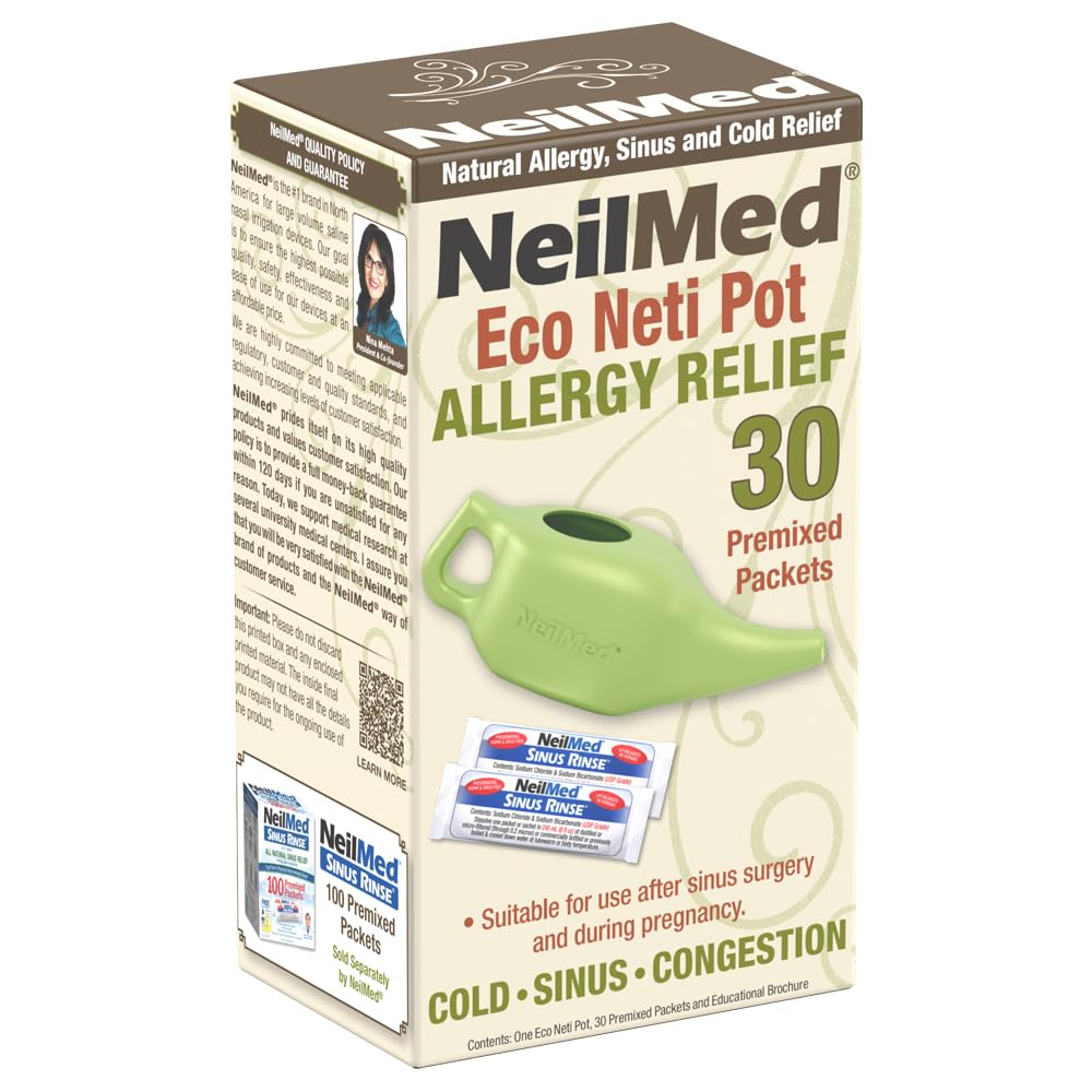 NeilMed NasaFlo Eco Neti Pot - Sustainable Nasal Sinus Relief Nasal Irrigation System - BPA Free & Eco Materials, Gentle Gravitational Flow, Includes 30 Pre-Mixed Packets Per-image-8