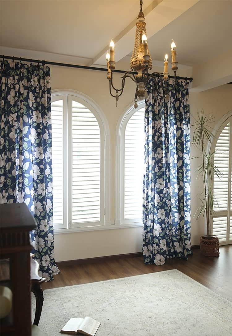 Farmhouse Semi Blackout Curtains for Bedroom Thermal Curtains Room Darkening Floral Patterned Curtains Living Room Vintage Country Curtain 54 inch Long 1 Panel Blue