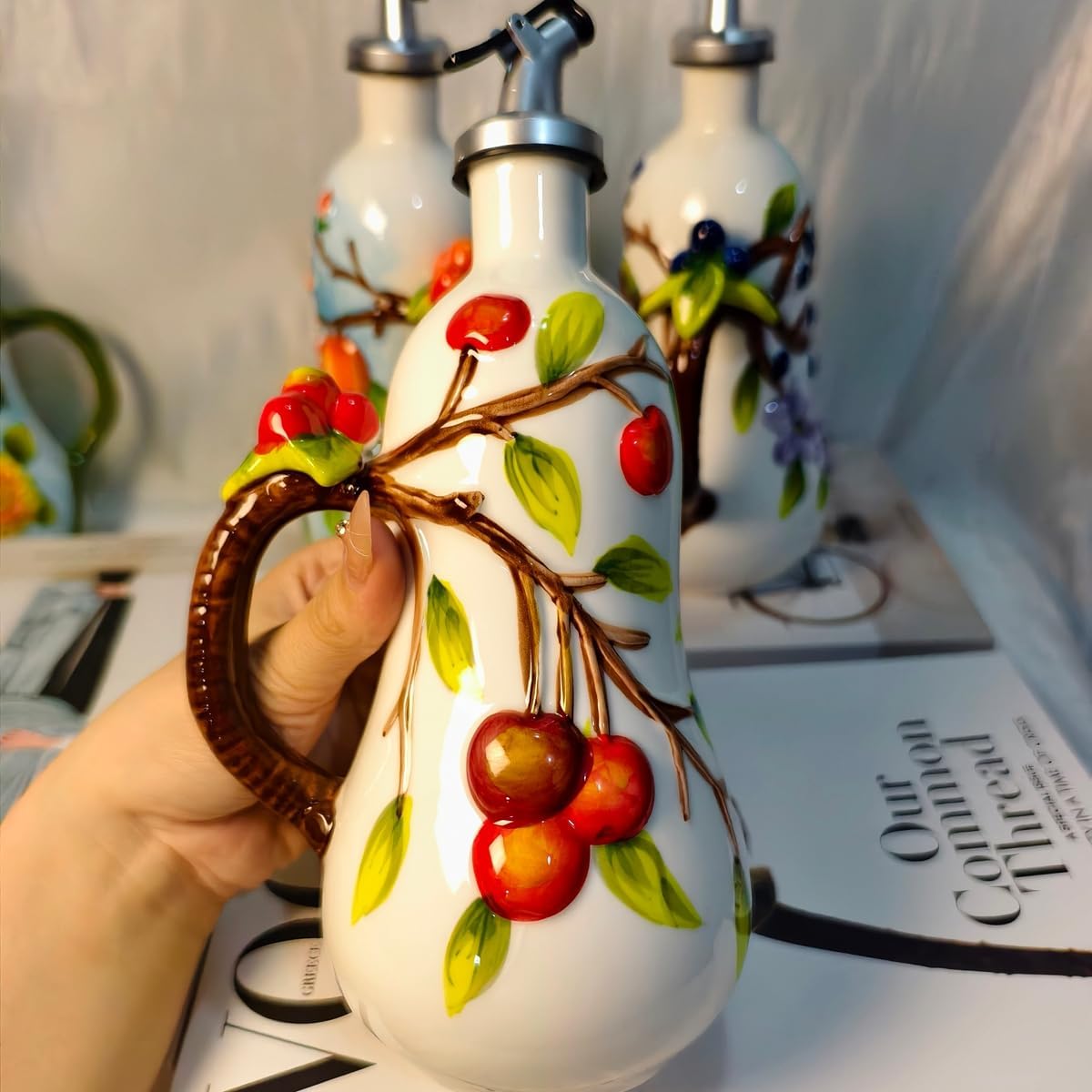 18 oz Hand-Painted Ceramic Relief Olive Oil Bottle Dispenser, with Handle Decorative Olive Oil Dispenser Bottle, Kitchen Ceramic Oil Vinegar Bottle Seasoning Bottle with Stainless Steel Spout & Funnel