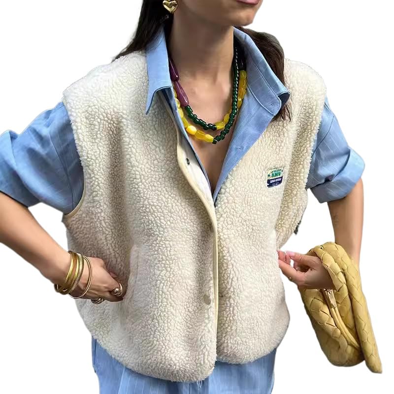 Women Fleece Vest Y2K Kawaii Sleeveless Cropped Cardigan Coquette Fall Clothes Preppy Open Front Button Down Vest Coat
