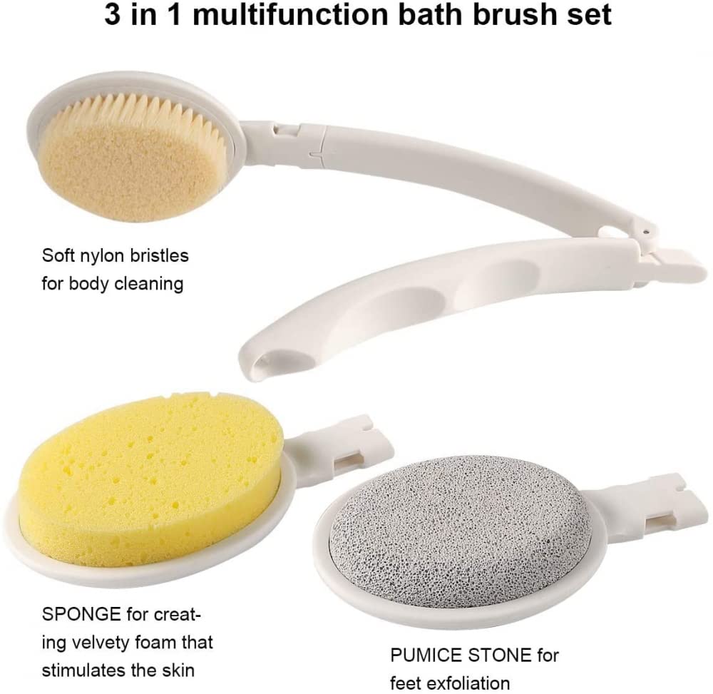 Juego de brochas de baño JDF 3 en 1 para Ducha, Cepillo Corporal de Mango Largo de 19 ", Esponja de baño y exfoliación Suave y Salud de la Piel Mejorada, Adecuado para Hombres y Mujeres