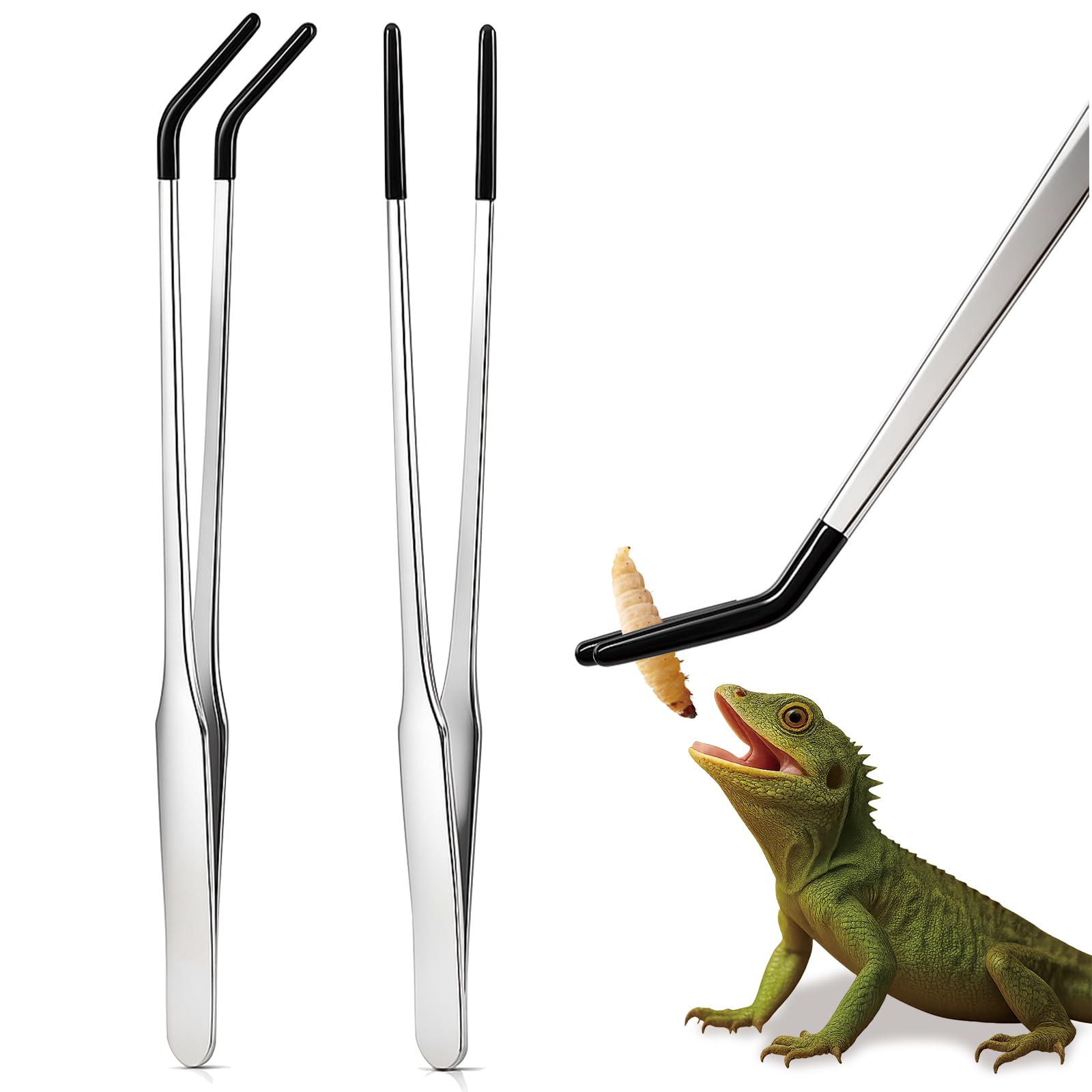 aesxniy 2 Pack Extra Long Stainless Steel Reptile Feeding Tongs with Rubber Tip - 10.6" Straight And Curved Long Tweezers for Aquariums, Feeder for Beard Dragons, Lizard and Snakes (Silver) - terrarium accessories | Mubboo