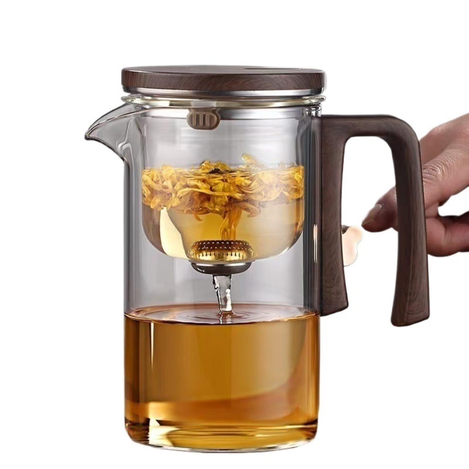 Tetera mágica de cristal con mango de madera, tetera mágica Enchanti para té de hojas sueltas, diseño elegante para los amantes del té