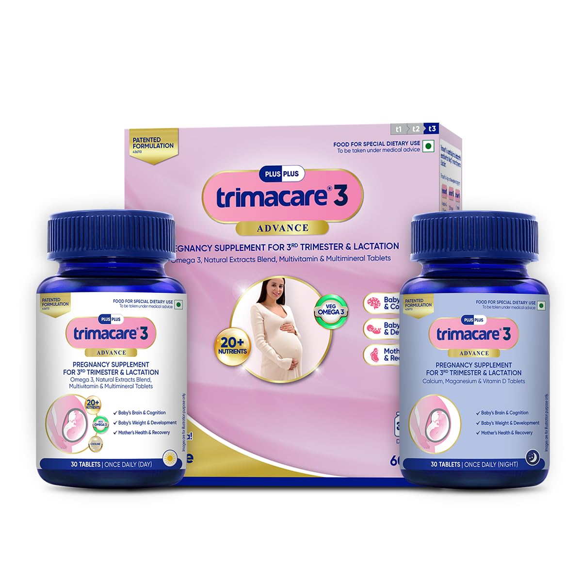 TRIMACARE™ 3 Advance | Prenatal Vitamins For Pregnancy | 3rd Trimester| New Formula with Choline | Iron, Veg DHA Omega 3, Calcium | No Gas, Bloating, Or Constipation | Bowel Regulator | | 20+ essential nutrients (Pack of 1) | 60 X 1 |