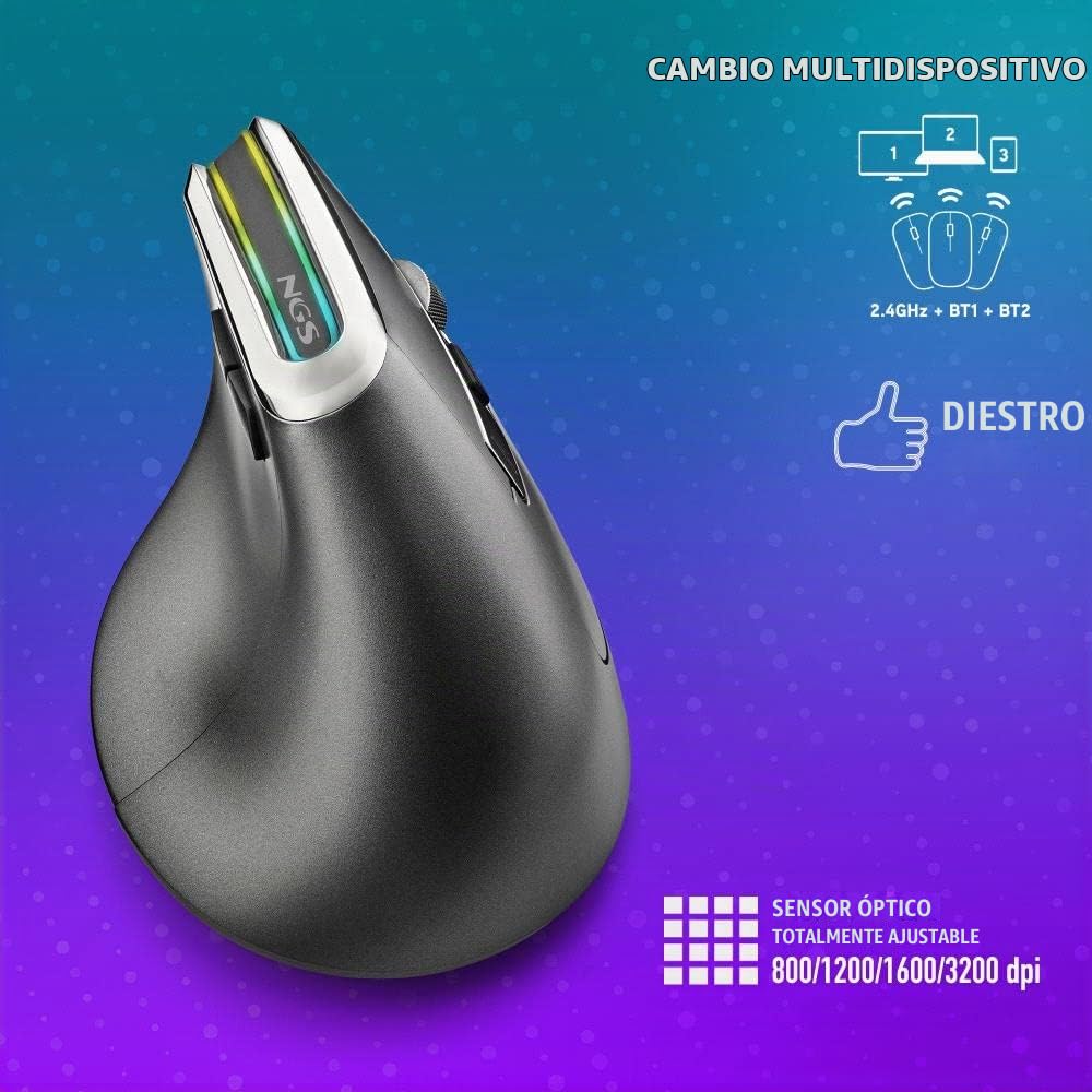 NGS EVO Karma - Ratón Ergonómico Vertical Inalámbrico, Recargable, 5 Botones Silenciosos+Scroll, Sensor Óptico Regulable 800/1200/1600/3200 dpi, 2.4GHz USB + Bluetooth 3.0 + Bluetooth 5.0, Plug&Play