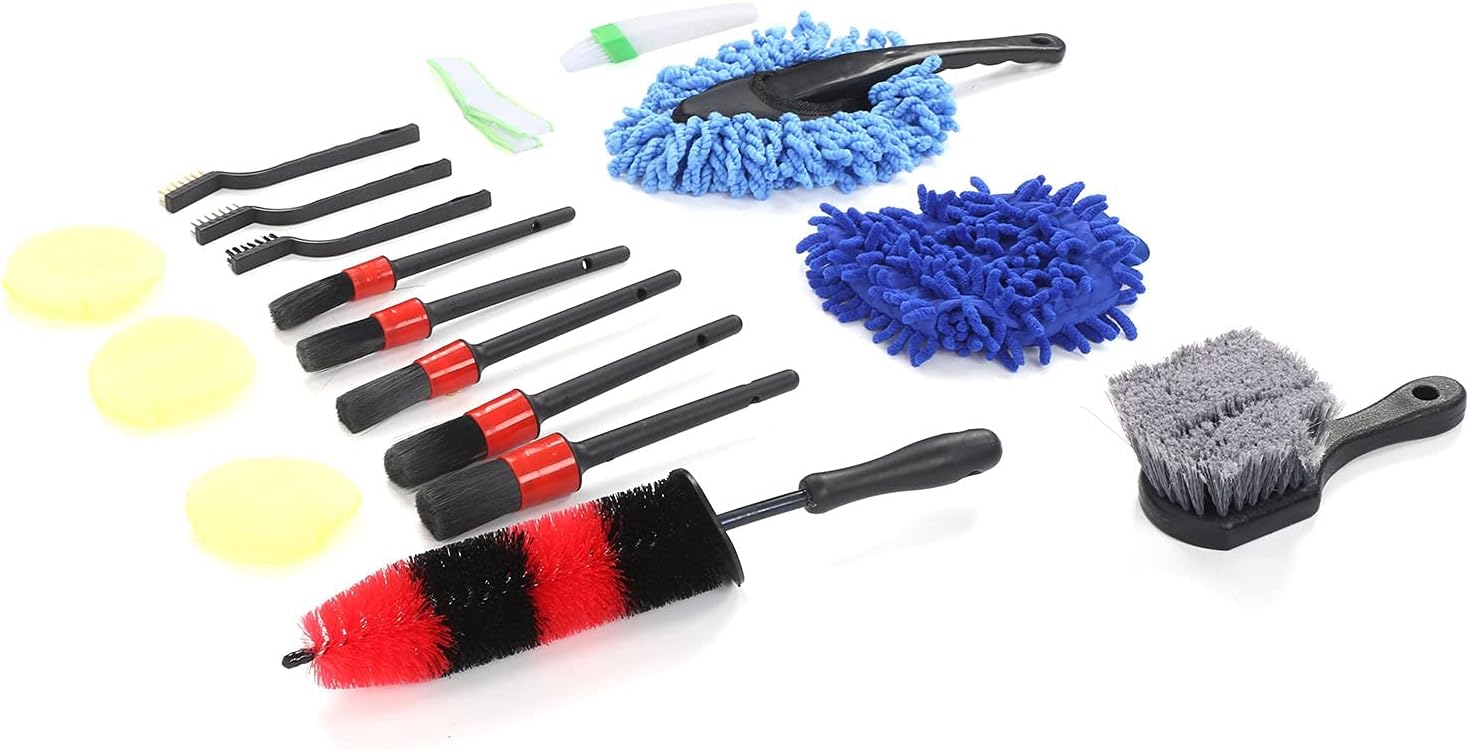 17Pcs Car Detailing Brush Set, Wheel Rim Cleaning Kit, Professional Auto Detailing Tools with Long Handle Brush, Steel Wire Brushes, Microfiber Towels for Interior Exterior Deep Cl