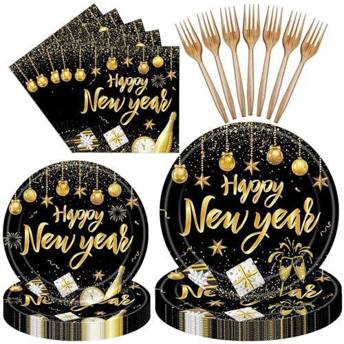 96 Pieces Happy New Year Tableware Set – Black and Gold Disposable Plates, Napkins, and Forks with Fireworks and Champagne Designs for New Year’s Eve Parties – Serves 24 Guests