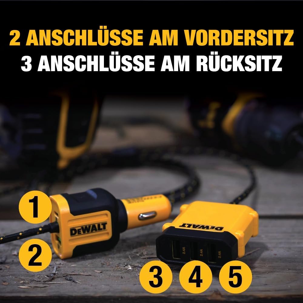 DEWALT Hochleistungs-72W-USB-Autoladegerät mit 5 Anschlüssen, Multiport-Autoladegerät für iPhone 17, Schnellladefunktion mit PD & QC3.0 Zigarettenanzünderadapter mit 1,8 m Kabel