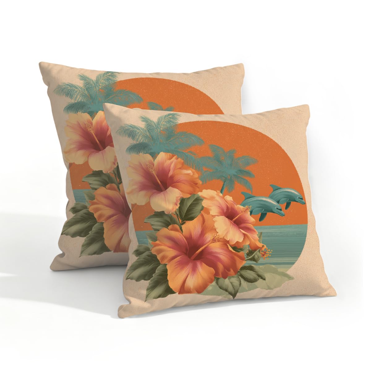 Outdoor Pillow Covers Waterproof Pillowcases 18x18in Set of 2 Ocean Sunset Flowers Dolphins On Retro Decorative Throw Cushion Case for Couch Sofa Garden Patio Furniture